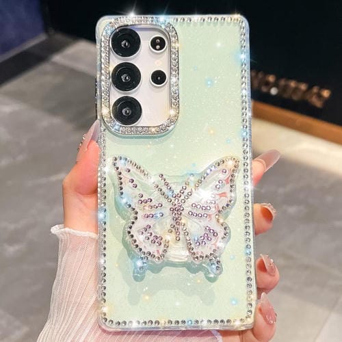 Funda con soporte para Samsung Galaxy S24 Ultra 5G, diseño de mariposa con purpurina y diamantes (verde claro)