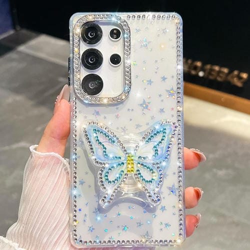 Funda para Samsung Galaxy S23 Ultra 5G con diseño de mariposas y purpurina de diamante (estrellas transparentes)