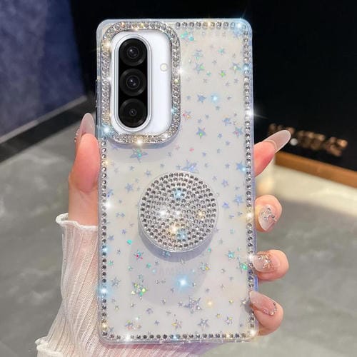 Funda para Samsung Galaxy A36 5G con purpurina y diamantes redondos (estrellas transparentes)
