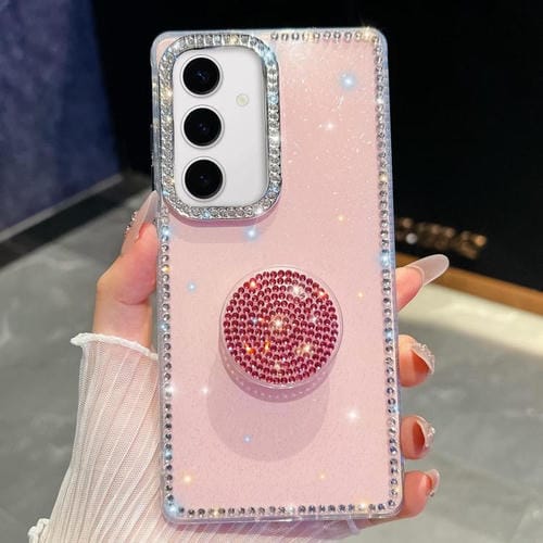 Funda con soporte redondo y purpurina de diamante para Samsung Galaxy S24 FE 5G (rosa claro)