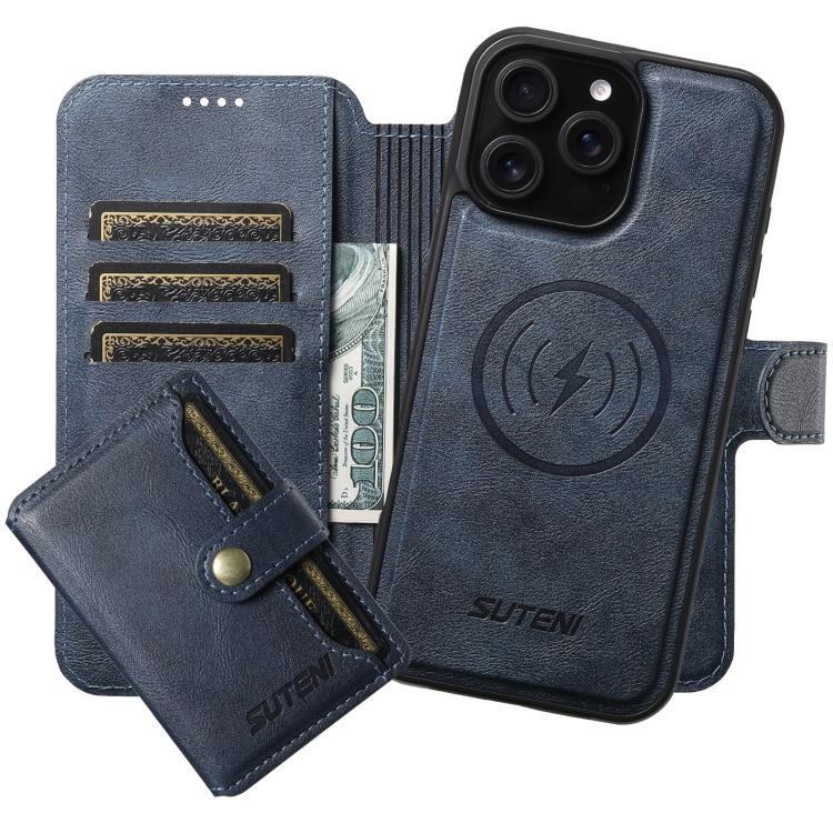 Funda de cuero Suteni Q05S1 3 en 1 con función de billetera desmontable y MagSafe para iPhone 12 Pro Max (azul)