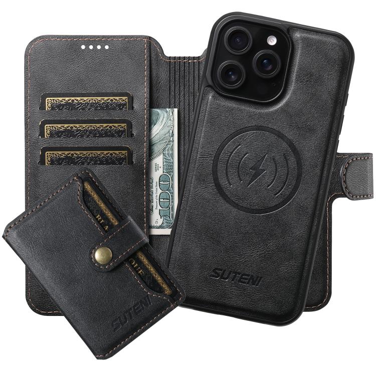 Funda de cuero Suteni Q05S1 3 en 1 con función de billetera desmontable y MagSafe para iPhone 13 Pro (negra)