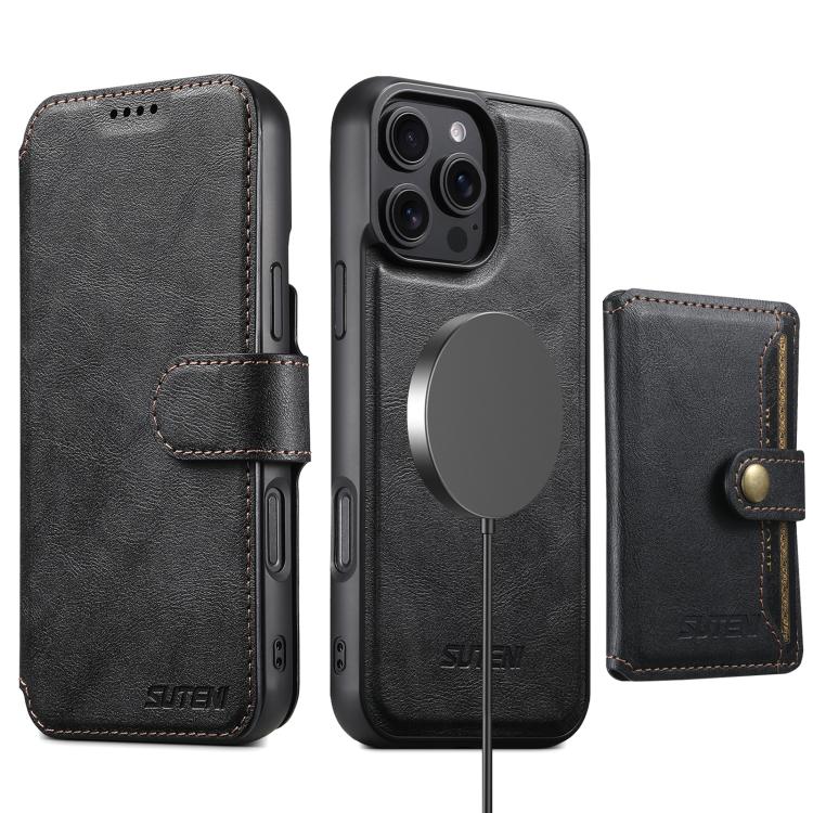 Funda de cuero Suteni Q05S1 3 en 1 con función de billetera desmontable y MagSafe para iPhone 13 Pro (negra)
