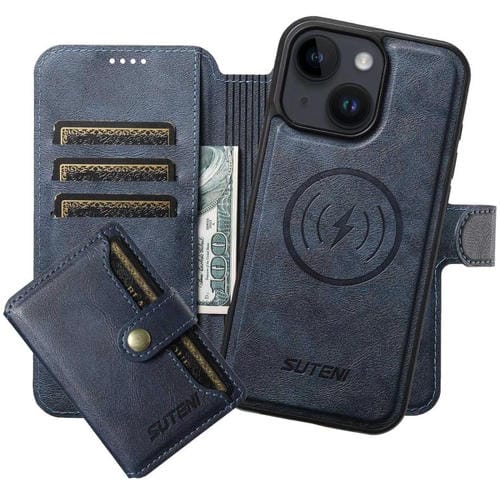 Funda de cuero Suteni Q05S1 3 en 1 con función de billetera desmontable y MagSafe para iPhone 14 (azul)