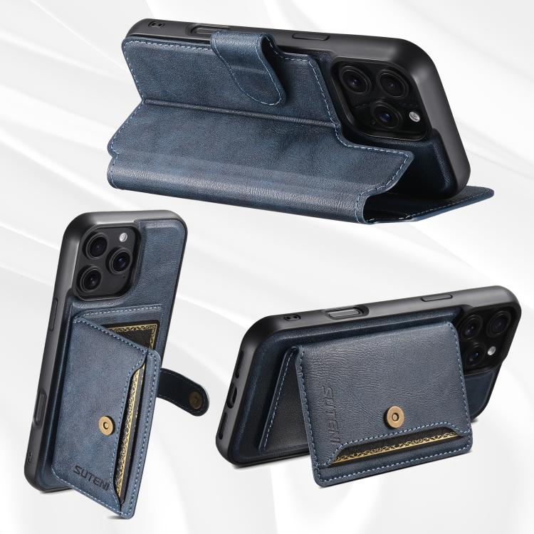 Funda de cuero Suteni Q05S1 3 en 1 con función de billetera desmontable y MagSafe para iPhone 16 (azul)