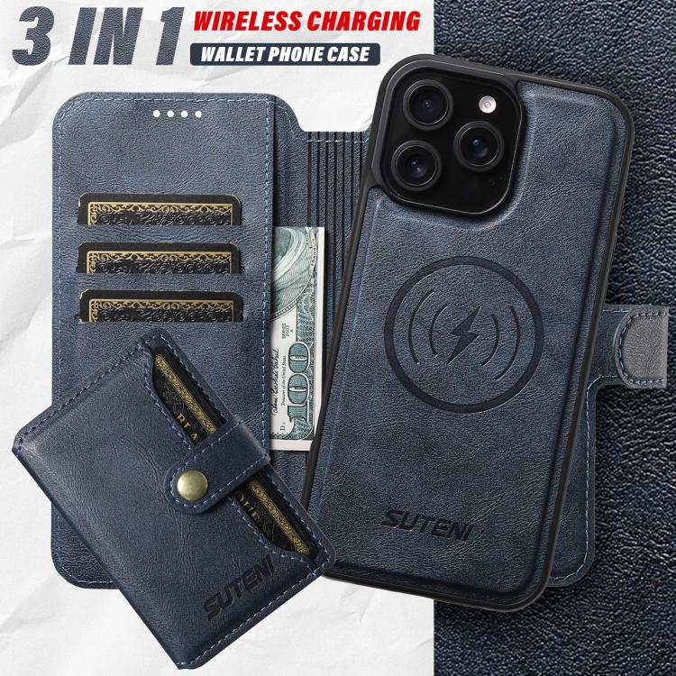 Funda de cuero Suteni Q05S1 3 en 1 con función de billetera desmontable y MagSafe para iPhone 16 (azul)