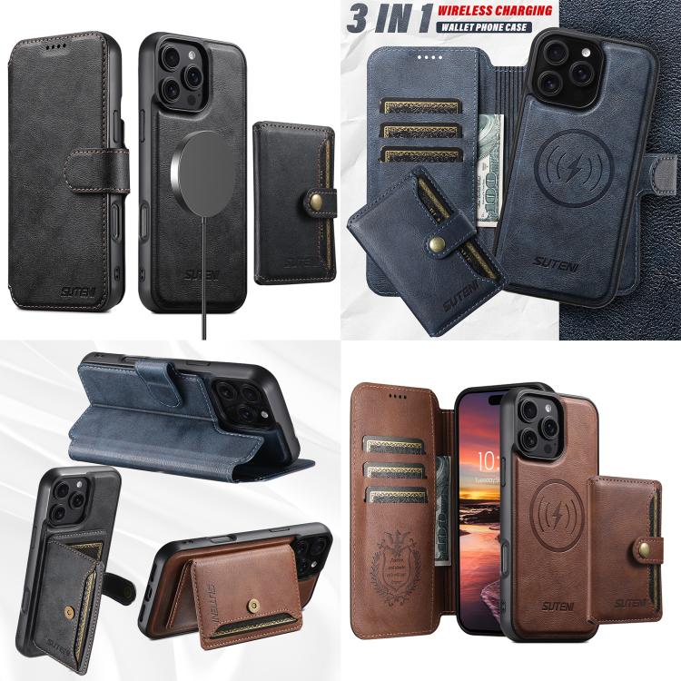 Funda de cuero Suteni Q05S1 3 en 1 con función de billetera desmontable y MagSafe para iPhone 14 Pro (marrón)