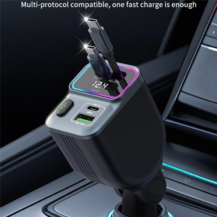 Cargador de coche GC15 con dos cables retráctiles tipo C y monitor de voltaje en tiempo real. Carga rápida.