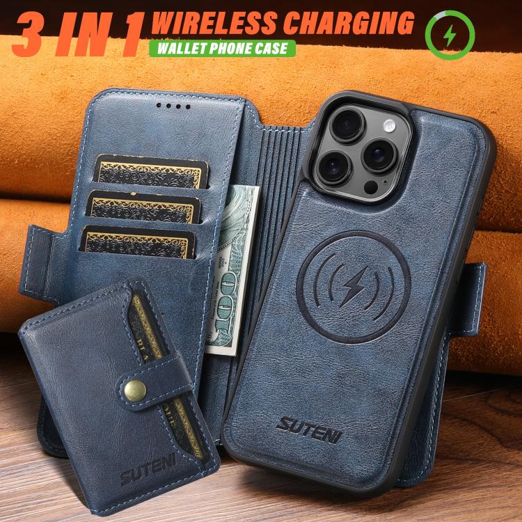 Funda de cuero Suteni Q06S1 3 en 1 con cierre magnético y desmontable para iPhone 16 Pro (azul)