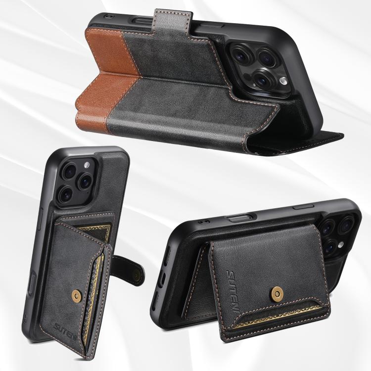 Funda de cuero Suteni Q06S1 3 en 1 con función de billetera desmontable y MagSafe para iPhone 16 (negra)