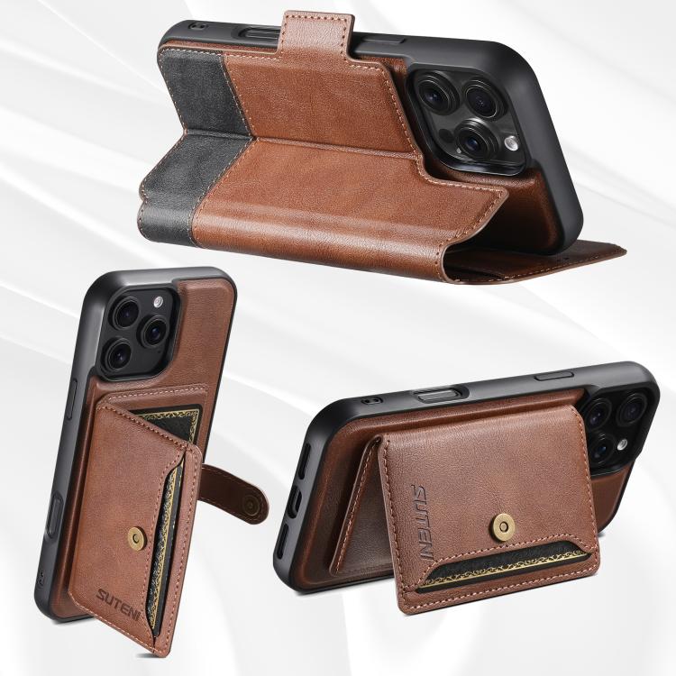 Funda de cuero Suteni Q06S1 3 en 1 con función de billetera desmontable y MagSafe para iPhone 16 (marrón)