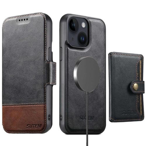 Funda de cuero Suteni Q06S1 3 en 1 con función de billetera desmontable y MagSafe para iPhone 14 (negra)