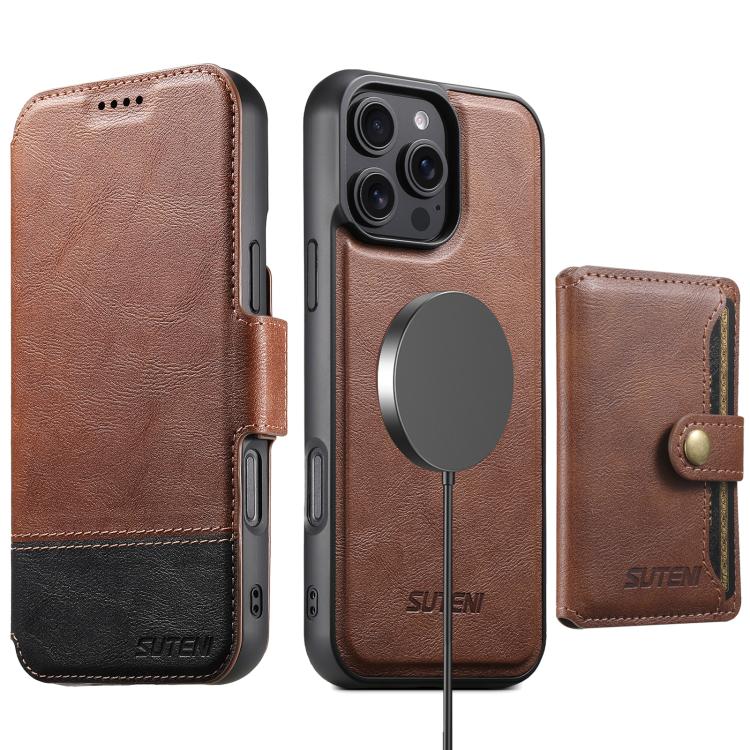 Funda de cuero Suteni Q06S1 3 en 1 con función de billetera desmontable y MagSafe para iPhone 14 Pro (marrón)
