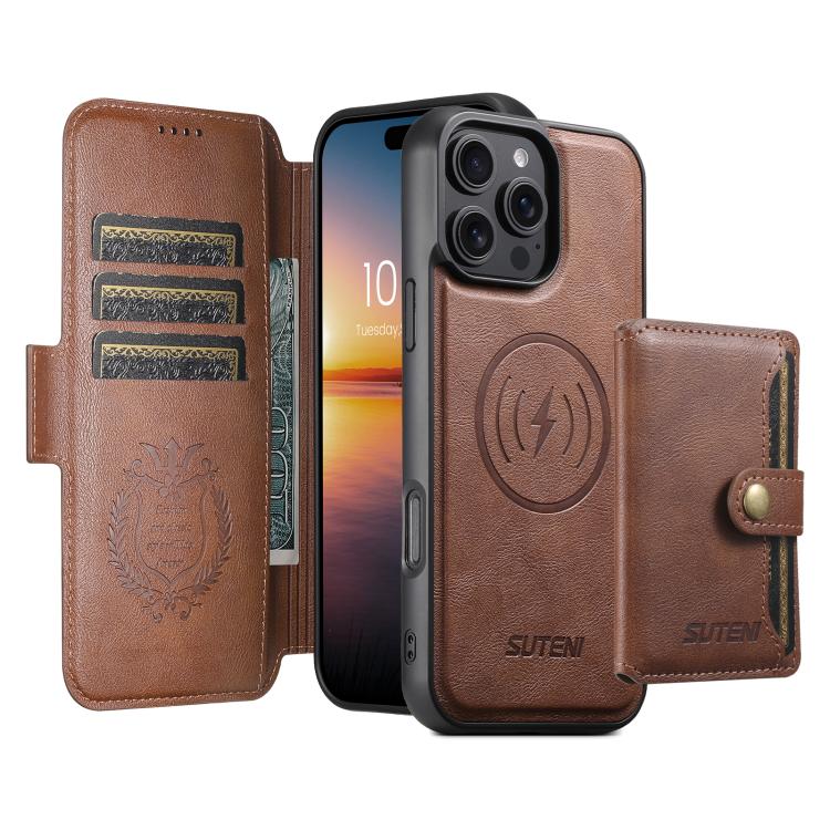 Funda de cuero Suteni Q06S1 3 en 1 con función de billetera desmontable y MagSafe para iPhone 14 Pro (marrón)