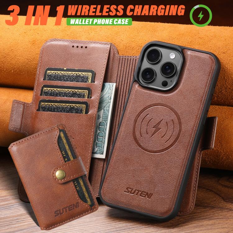 Funda de cuero Suteni Q06S1 3 en 1 con cierre magnético y billetera desmontable para iPhone 12 Pro Max (marrón)
