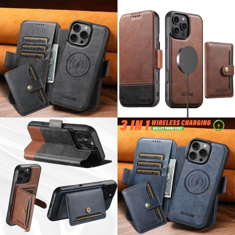 Funda de cuero Suteni Q06S1 3 en 1 con función de billetera desmontable y MagSafe para iPhone 14 Pro (marrón)