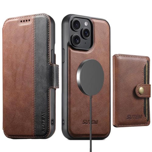 Funda de cuero Suteni Q07S1 3 en 1 con cierre magnético y billetera desmontable para iPhone 14 Pro (marrón)