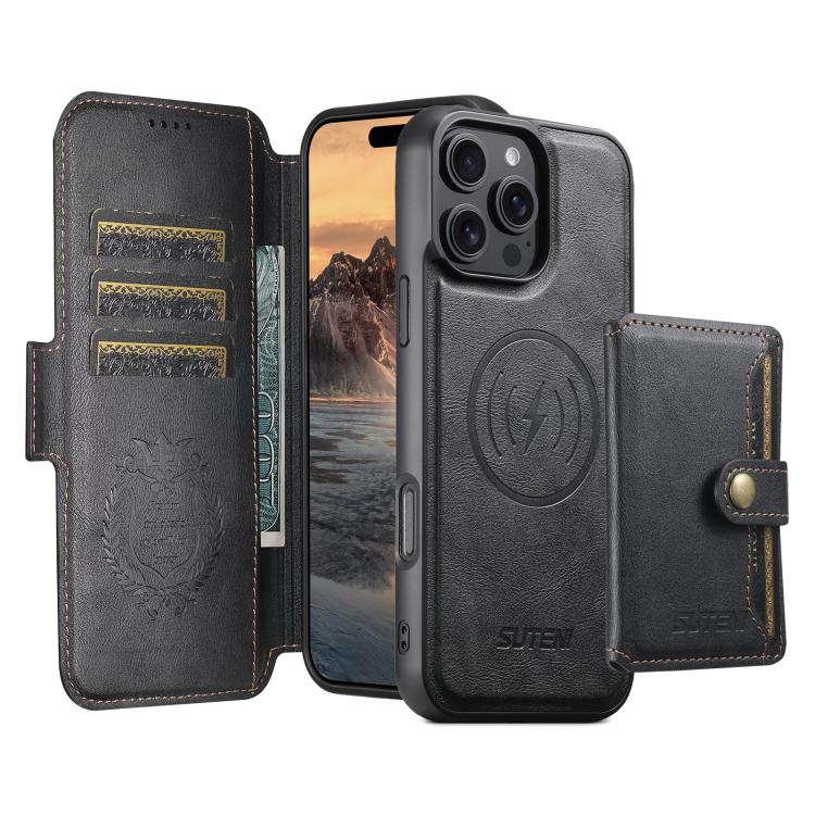 Funda de cuero Suteni Q07S1 3 en 1 con cierre magnético y billetera desmontable para iPhone 12 (negro)