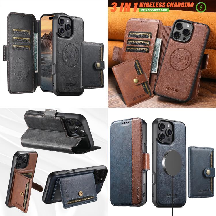 Funda de cuero Suteni Q07S1 3 en 1 con cierre magnético y billetera desmontable para iPhone 15 Pro Max (marrón)