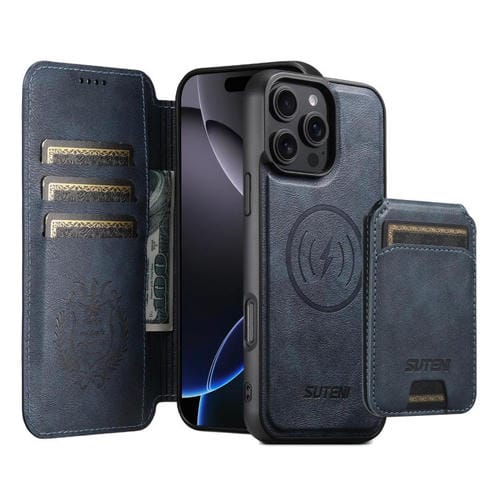 Funda de cuero Suteni Q05S2 3 en 1 con tapa vertical desmontable y función MagSafe para iPhone 16 Pro (azul)