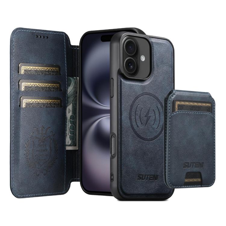 Funda de cuero Suteni Q05S2 3 en 1 con tapa vertical desmontable y función MagSafe para iPhone 16 Plus (azul)