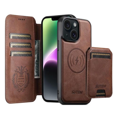 Funda de cuero Suteni Q05S2 3 en 1 con tapa vertical desmontable y función MagSafe para iPhone 14 (marrón)