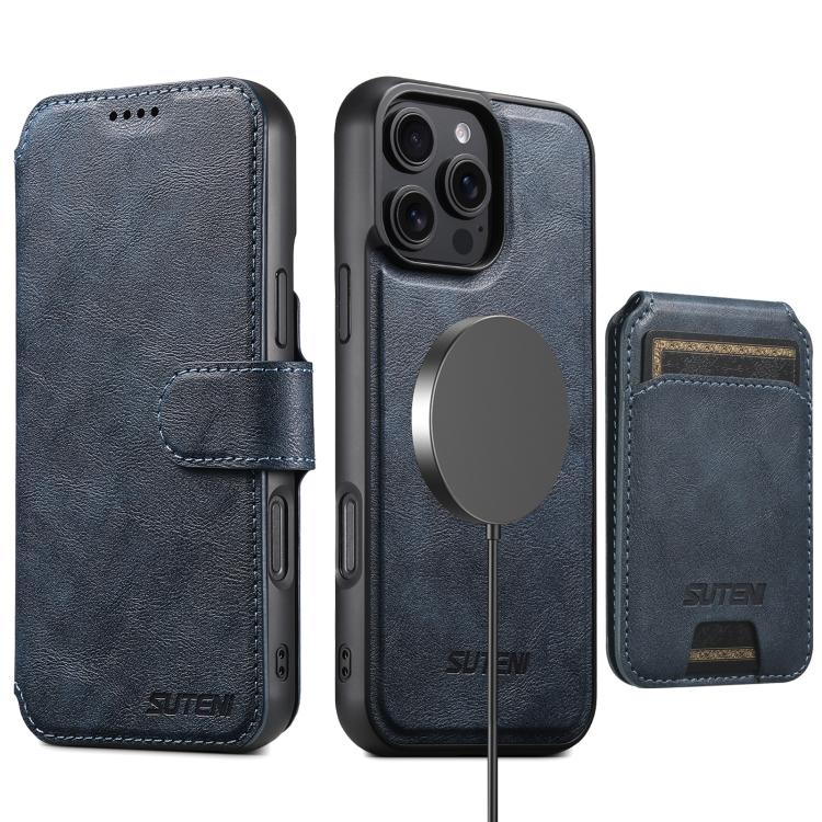 Funda de cuero Suteni Q05S2 3 en 1 con tapa vertical desmontable y función de cierre magnético para iPhone 14 Pro Max (azul)