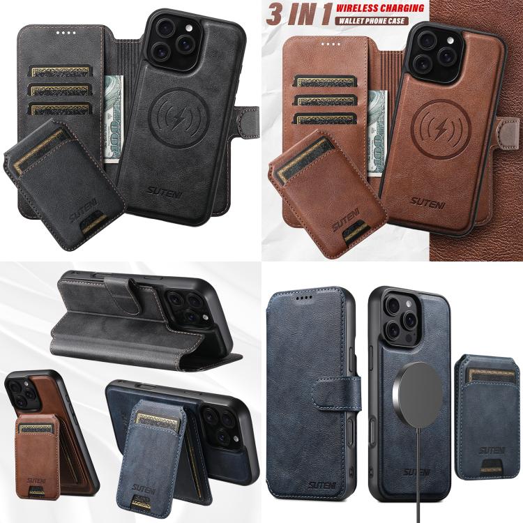 Funda de cuero Suteni Q05S2 3 en 1 con tapa vertical desmontable y función de cierre magnético para iPhone 14 Pro (negro)