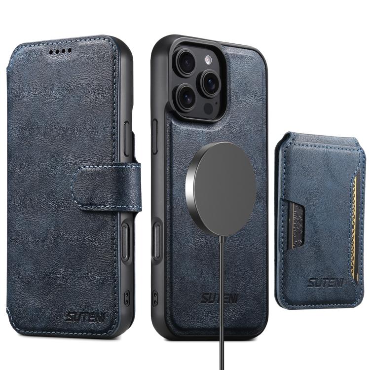 Funda de cuero Suteni Q05S3 3 en 1 con tapa vertical desmontable y función de cierre magnético para iPhone 16 Pro Max (azul)