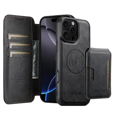 Funda de cuero Suteni Q05S3 3 en 1 con tapa vertical desmontable y función MagSafe para iPhone 16 Pro (negra)