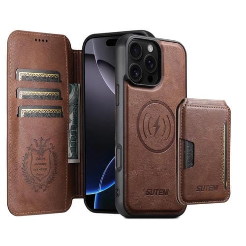Funda de cuero Suteni Q05S3 3 en 1 con tapa vertical desmontable y función MagSafe para iPhone 16 Pro (marrón)