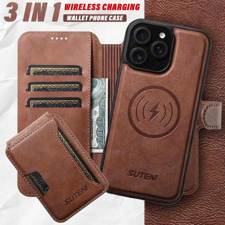 Funda de cuero Suteni Q05S3 3 en 1 con tapa vertical desmontable y función MagSafe para iPhone 16 Plus (marrón)