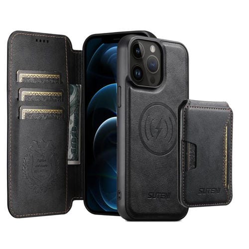 Funda de cuero Suteni Q05S3 3 en 1 con tapa vertical desmontable y función de cierre magnético para iPhone 12 Pro Max (negro)