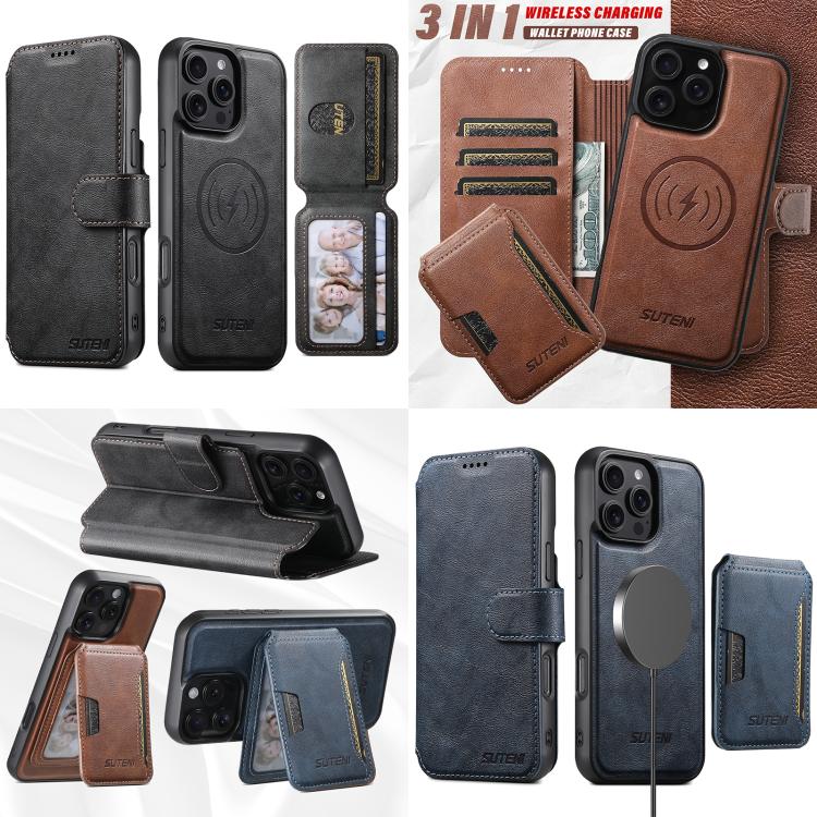 Funda de cuero Suteni Q05S3 3 en 1 con tapa vertical desmontable y función MagSafe para iPhone 16 Plus (marrón)