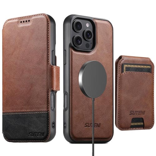 Funda de cuero Suteni Q06S2 3 en 1 con tapa vertical desmontable y cierre MagSafe para iPhone 16 Pro (marrón)