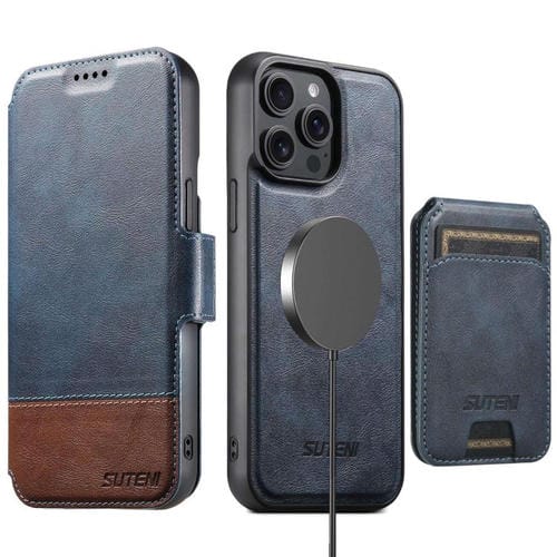 Funda de cuero Suteni Q06S2 3 en 1 con tapa vertical desmontable y cierre MagSafe para iPhone 15 Pro (azul)