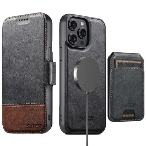 Funda de cuero Suteni Q06S2 3 en 1 con tapa vertical desmontable y cierre MagSafe para iPhone 13 Pro Max (negro)