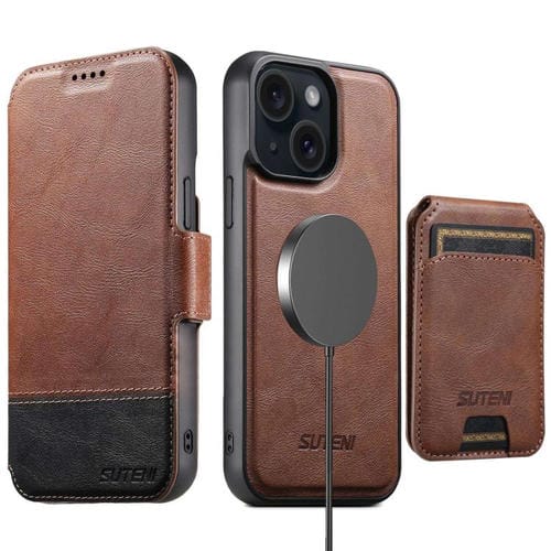 Funda de cuero Suteni Q06S2 3 en 1 con tapa vertical desmontable y cierre MagSafe para iPhone 13 (marrón)