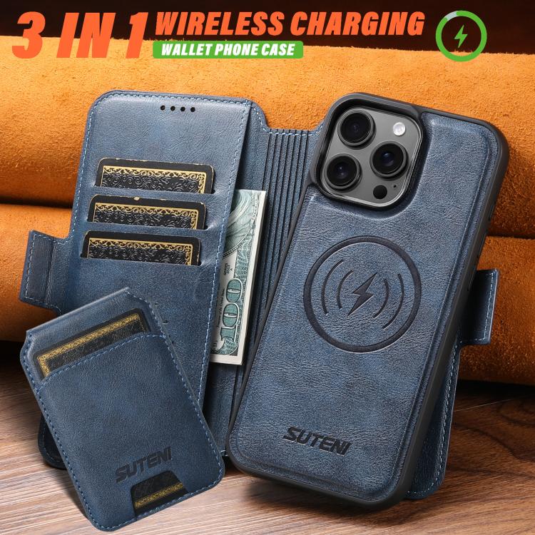 Funda de cuero Suteni Q06S2 3 en 1 con tapa vertical desmontable y cierre MagSafe para iPhone 12 Pro Max (azul)