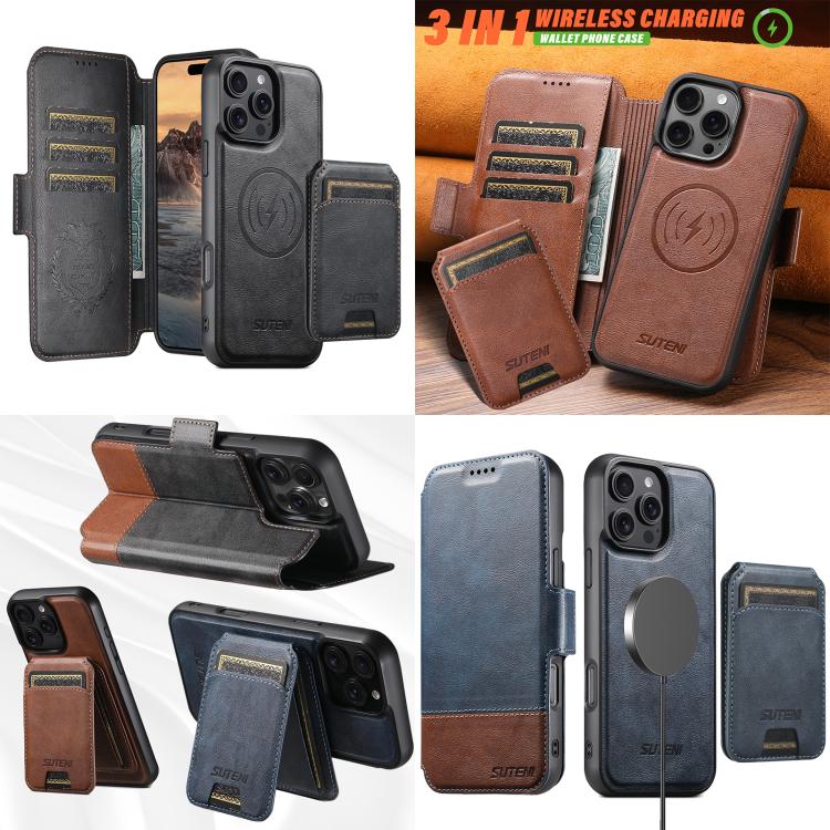 Funda de cuero Suteni Q06S2 3 en 1 con tapa vertical desmontable y cierre MagSafe para iPhone 12 Pro Max (marrón)
