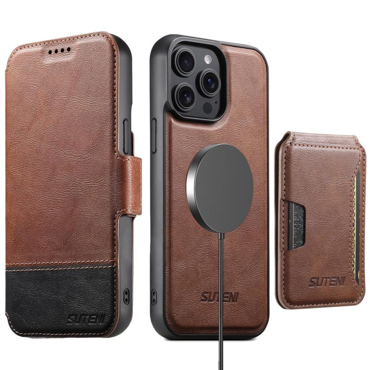 Funda de cuero Suteni Q06S3 3 en 1 con tapa vertical desmontable y cierre magnético para iPhone 15 Pro (marrón)