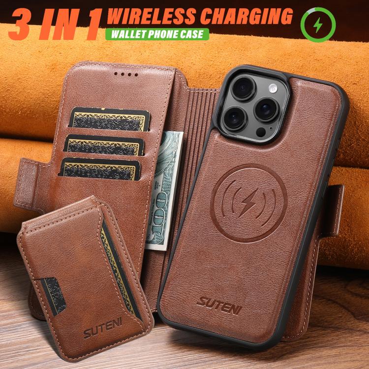 Funda de cuero Suteni Q06S3 3 en 1 con tapa vertical desmontable y cierre magnético para iPhone 15 Pro (marrón)