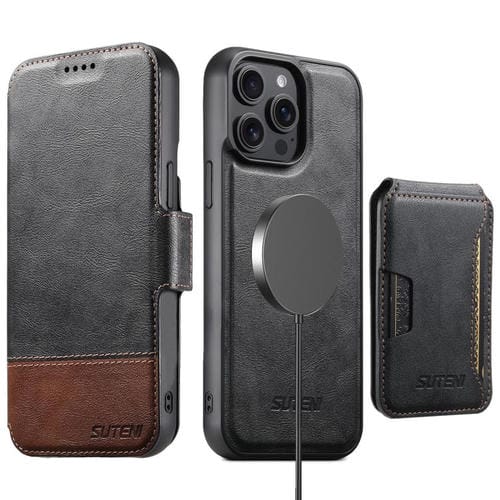 Funda de cuero Suteni Q06S3 3 en 1 con tapa vertical desmontable y cierre magnético para iPhone 12 Pro Max (negro)