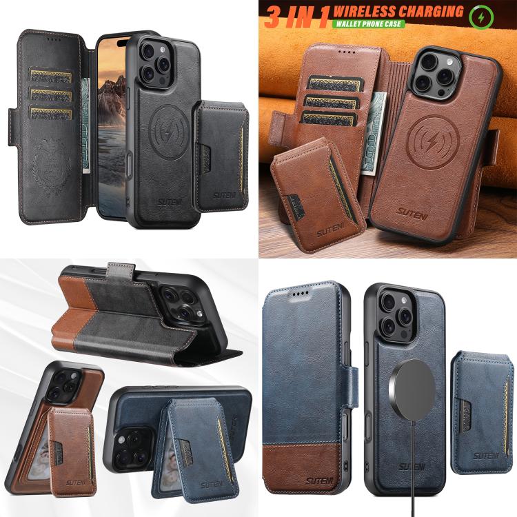 Funda de cuero Suteni Q06S3 3 en 1 con tapa vertical desmontable y cierre magnético para iPhone 14 Pro (negro)