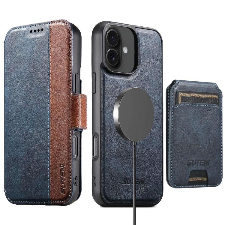 Funda de cuero Suteni Q07S2 3 en 1 con tapa vertical desmontable y cierre MagSafe para iPhone 16 Plus (azul)