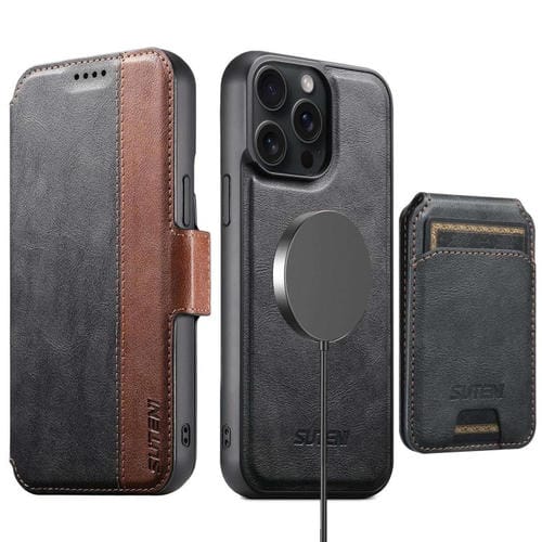 Funda de cuero Suteni Q07S2 3 en 1 con tapa vertical desmontable y cierre MagSafe para iPhone 15 Pro (negra)