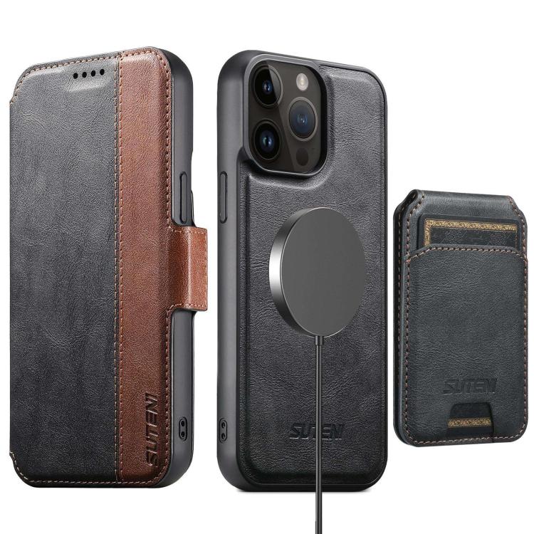 Funda de cuero Suteni Q07S2 3 en 1 con tapa vertical desmontable y cierre MagSafe para iPhone 13 Pro (negra)