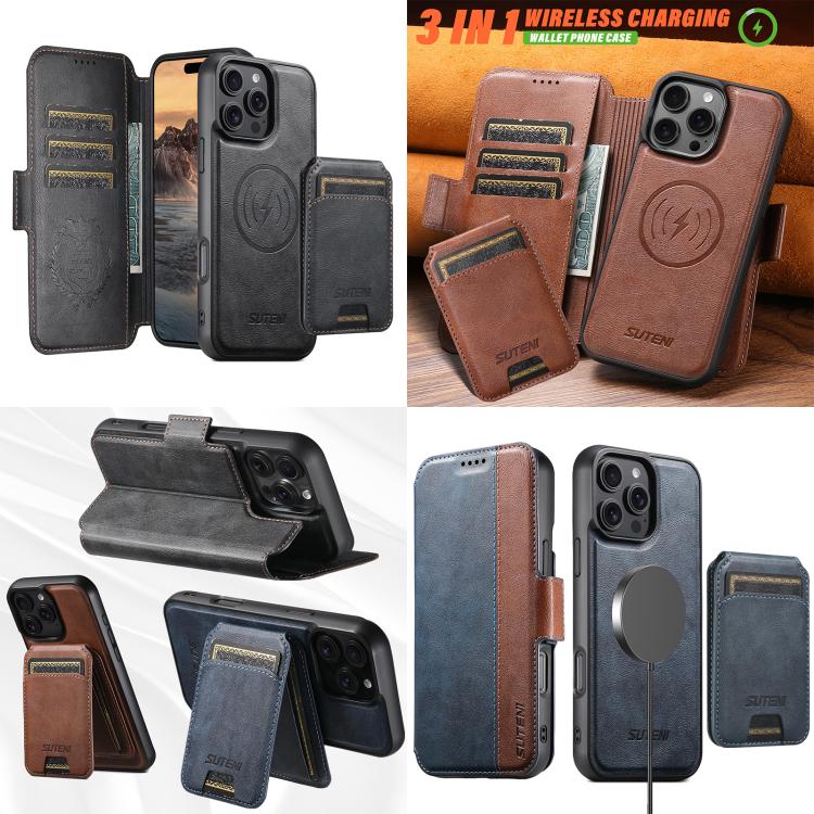 Funda de cuero Suteni Q07S2 3 en 1 con tapa vertical desmontable y cierre MagSafe para iPhone 13 Pro (negra)