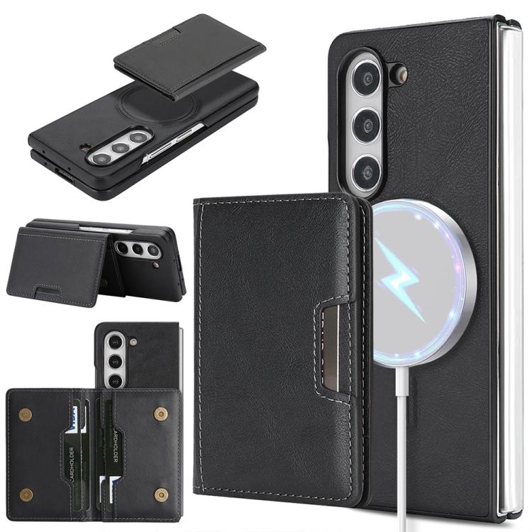 Funda de cuero con adhesivo lateral para Samsung Galaxy Z Fold5, con anillo magnético MagSafe de 2 pliegues y fuerte capacidad de carga (negro)