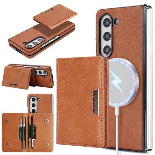 Funda de cuero con adhesivo lateral para Samsung Galaxy Z Fold5, con anillo magnético MagSafe de doble pliegue y fuerte capacidad de carga (marrón)